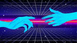 Hands touching in cyberpunk concept with 80s neon - vector clip art