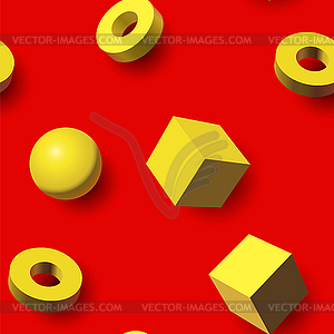 Seamless pattern with golden 3D shapes flying over - vector clip art