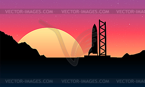 Space rocket ready to start on launching site. - vector clipart