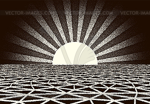 Retro dotwork landscape with 80s styled sun rays, - royalty-free vector image