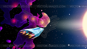 Arcade space ship flying near blue nebula or space - vector image