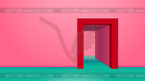 Vibrant pink room with green floor and open - vector image