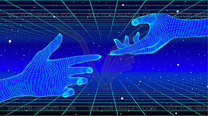 Hands touching in cyberpunk concept with 80s neon - vector clipart