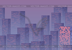 Violet sunset over business city with skyscrapers. - vector image