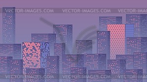 Violet sunset over business city with skyscrapers. - vector clip art