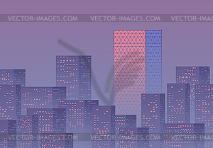 Violet sunset over business city with skyscrapers. - vector clip art