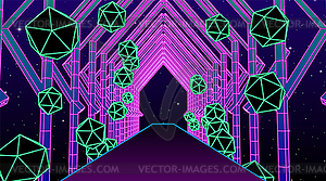 Neon corridor with wireframe shapes in 80s synthwav - vector clipart