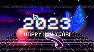 2023 New Year sign with glitched glowing pixels - vector clipart