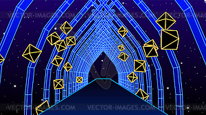 Неоновый коридор с каркасными формами в стиле 80-х годов synthwav - векторное изображение клипарта