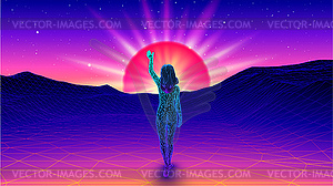 Женщина, раскинувшая руки и приветствующая солнце в футуристическом - изображение в векторе / векторный клипарт