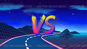 VS sign in 80s game style with synthwave landscape - vector image