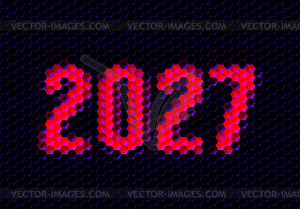 Sign of year 2027 with hex pixel grid. New Years - vector image