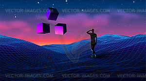 Sci-fi scene with traveller watching sacred monumen - vector clipart