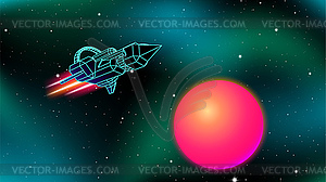 Space ship near red sun retro sci-fi . 80s style - vector clipart