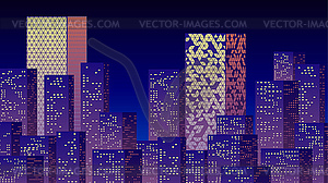 Neon night in business city with skyscrapers. Purpl - vector clip art