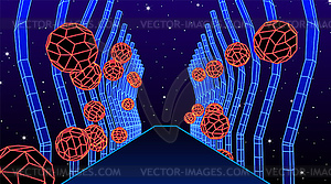 Neon corridor with wireframe shapes in 80s synthwav - vector clipart