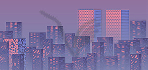 Violet sunset over business city with skyscrapers. - vector image