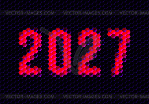 Sign of year 2027 with hex pixel grid. New Years - vector clip art