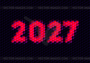 Sign of year 2027 with hex pixel grid. New Years - vector clipart