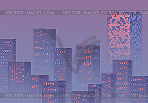 Violet sunset over business city with skyscrapers. - vector clipart