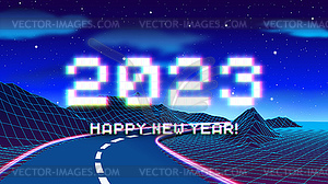 2023 New Year sign with glitched glowing pixels - vector image