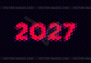 Sign of year 2027 with hex pixel grid. New Years - vector clipart