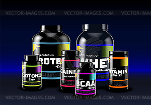 Set of sport supplement cans and jars. Sport food - vector image