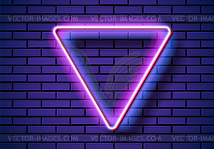 Neon frame with triangle shape on blue brick wall. - vector image