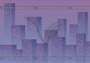 Violet sunset over business city with skyscrapers. - vector image