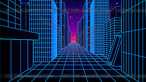 Неоновый городской пейзаж с синт-волной или аркадой 80-х годов - векторное изображение