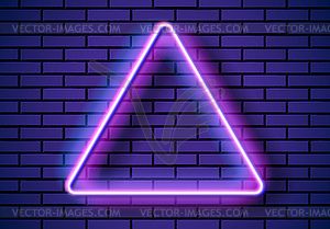 Neon frame with triangle shape on blue brick wall. - vector image