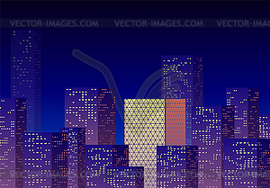 Neon night in business city with skyscrapers. Purpl - vector image