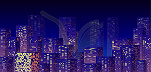Неоновая ночь в деловом городе с небоскребами. Пурпурный - векторное изображение клипарта