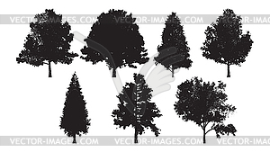 Set of tree silhouettes in dotwork style. For fores - vector image