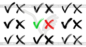 Brush painted yes and no checkmarks set. Black and - vector clipart