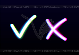 Neon glowing yes and no checkmarks. Shiny check - vector clipart