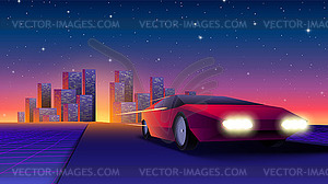 Red neon car in 80s synthwave style escaping of - vector image