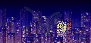 Neon night in business city with skyscrapers. Purpl - vector image