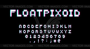 Шрифт в стиле ретро 80-х с неоновым свечением. Пиксель - графика в векторе