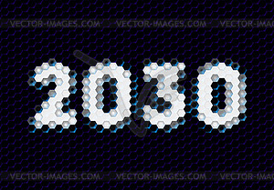 Sign of 2030 year with hex pixel grid. New Years - vector image