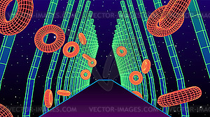 Neon corridor with wireframe shapes in 80s synthwav - vector clipart