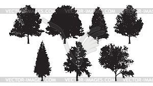 Set of tree silhouettes in dotwork style. For fores - vector clipart