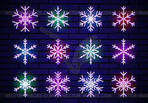 Set of neon snowflakes for Christmas decoration. - vector clip art