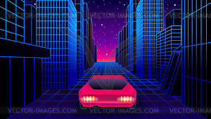 Neon car in 80s synthwave style racing throug city - vector image