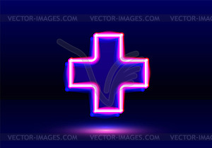 Plus neon sign in dark room. Shiny cross emblem or - vector image