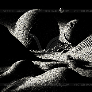Alien planet landscape in retro dotwork style. - vector image
