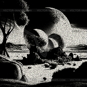 Alien planet landscape in retro dotwork style. - vector image