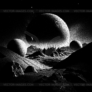 Alien planet landscape in retro dotwork style. - vector image