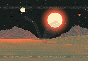 Ретро-футуристический пейзаж с горами и солнцем i - векторизованное изображение