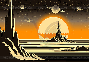 Landscape with mountains and sci-fi castle on far - color vector clipart